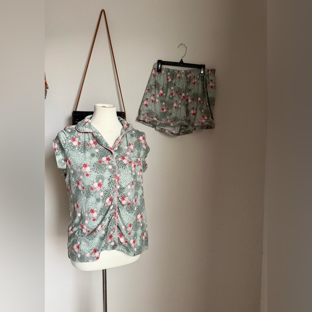 Cynthia Rowley Green Floral Shirt Top PJ Set, Size Medium